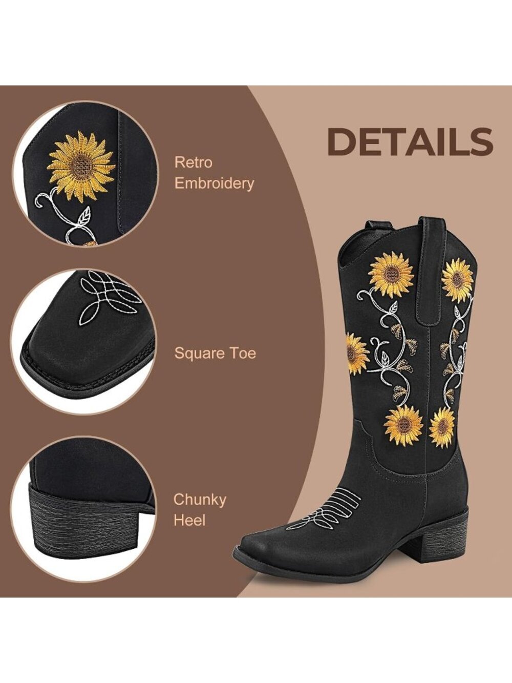 Women’s Black Faux Fur Square Toe Cowboy Mid-Calf Sunflower Embroidery Heel - Picture 4 of 5